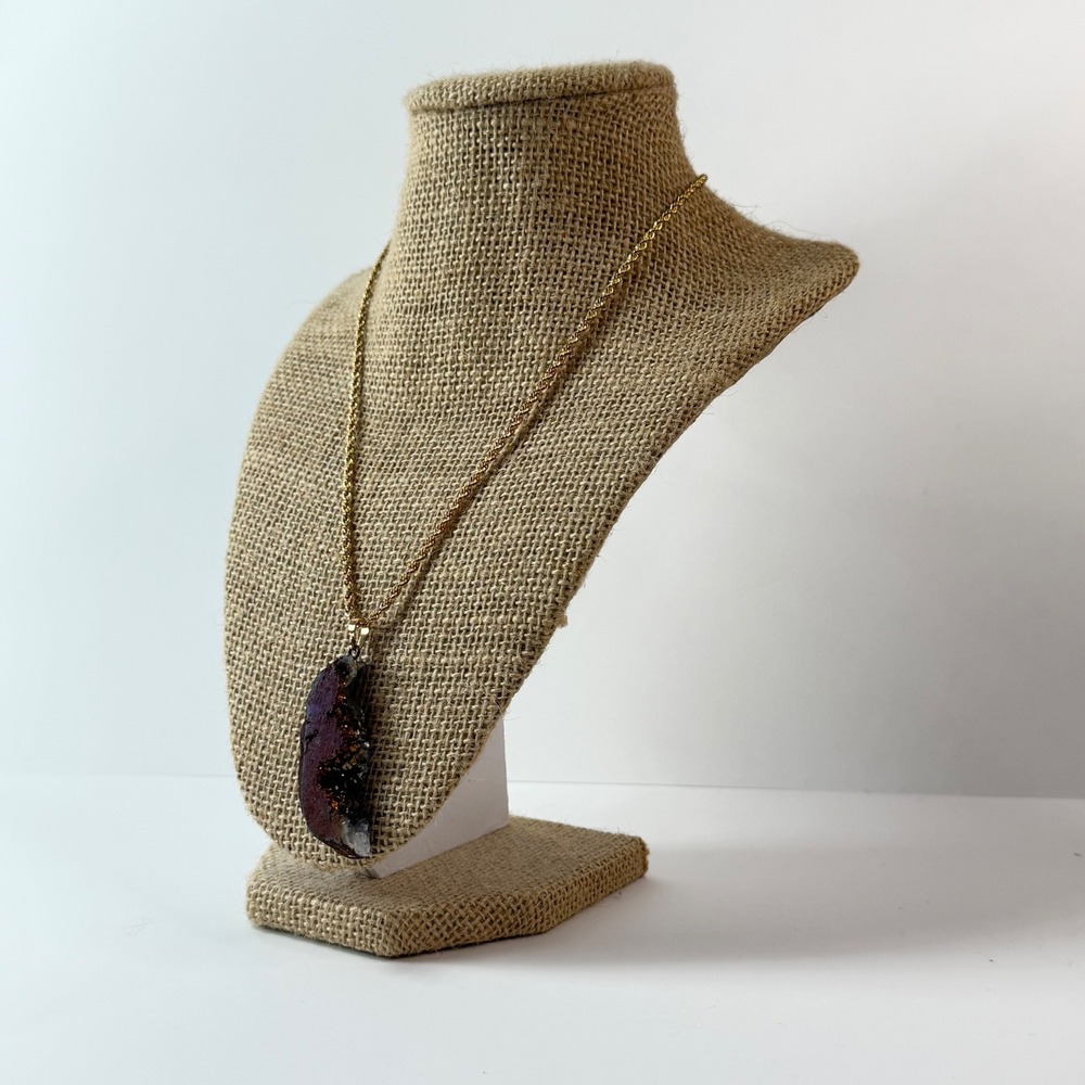 Gold Tone Aura Titanium Druzy Quartz Crystal Pendant Necklace Boho Statement‎